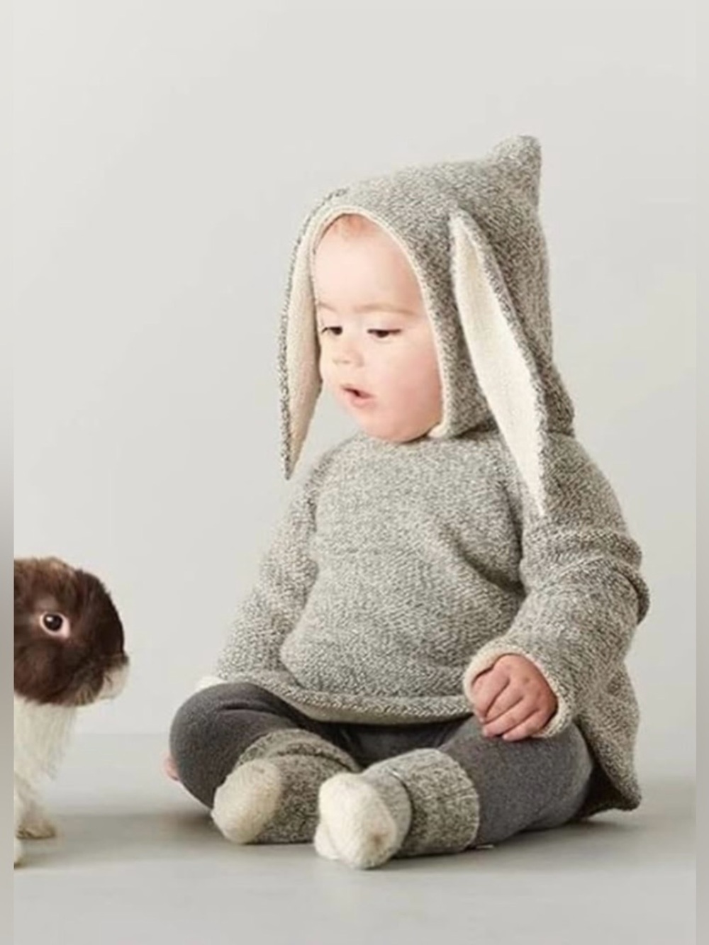 Oeuf Knit Bunny Ear Hoodie Sweater in Heather Grey